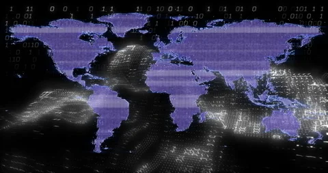 World map with binary code and data processing animation over digital landscape Stock Footage 306719663