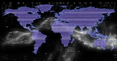World map with binary code and data processing image over digital landscape Illustrazione stock