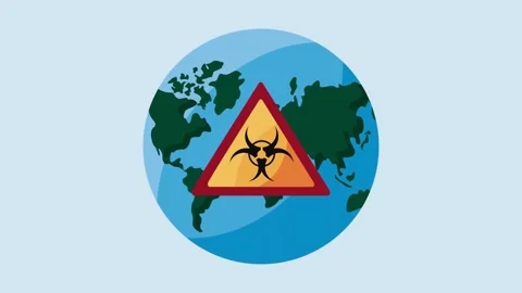 World map with biohazard warning symbol on a light blue background danger Stock Footage 320102911