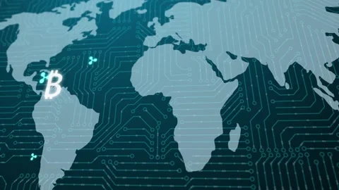 World map with Bitcoin concept on blue background Stock Footage 96739166