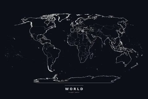 World Map on Black, White Robinson Projection Borders, Editable Vector 스톡 일러스트