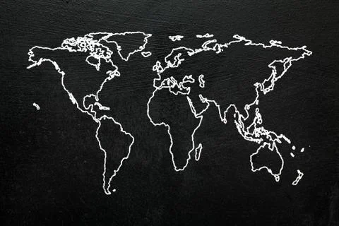 World map on blackboard. Sketch stylized globe map of the world with all cont Stock Illustration