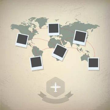 World map with blank photo frames. Traveling concept design, vintage looks Illustrazione stock