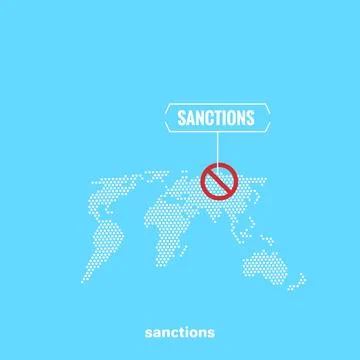 A world map on a blue background and a prohibition sign with a sanction Stock Illustration