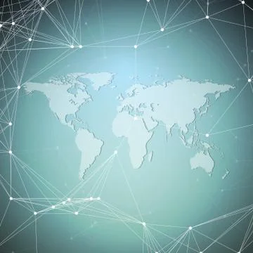 World map on blue background. Global network connections, abstract geometri.. Illustrazione stock