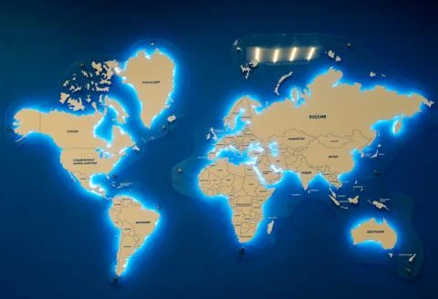 World map with blue background illumination. The concept of travel. Stock Illustration