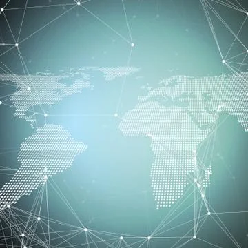 World map on blue. Global network connections, geometric design, dig data con Stock Illustration