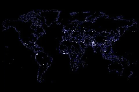 World map blue gradient led pixel, on off effect movement on black background Stock Photos