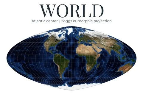 World Map in Boggs Eumorphic Projection. High detail physical map. Atlantic.. Ilustração Stock