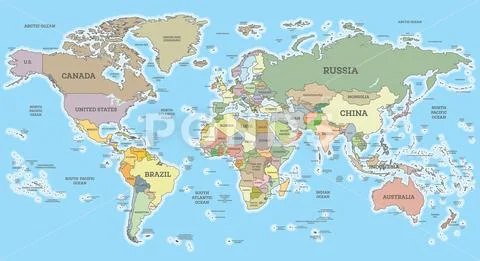 World Map with Borders and Countries. Cylindrical Projection ...