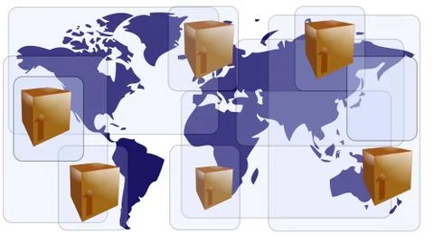 World map with boxes for international shipment Illustrazione stock
