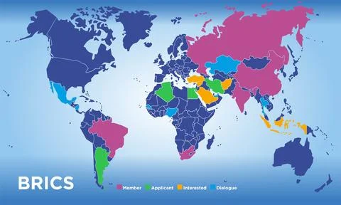 World map with BRICS countries, international organisation Illustrazione stock