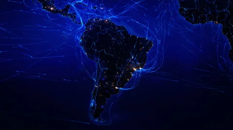World map with bright connections and city lights. North and South America. Stock Footage