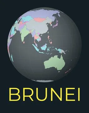 World map centered to Brunei. Red country highlighted. Satellite world view.. 스톡 일러스트