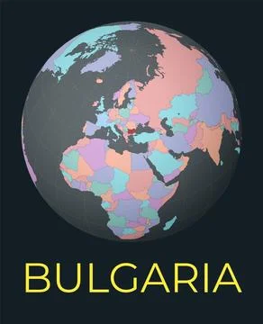 World map centered to Bulgaria. Red country highlighted. Satellite world vi.. Illustrazione stock