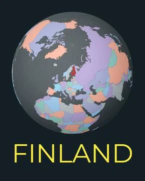 World map centered to Finland. Red country highlighted. Satellite world vie.. Stock Illustration