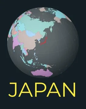 World map centered to Japan. Red country highlighted. Satellite world view .. 库存插图