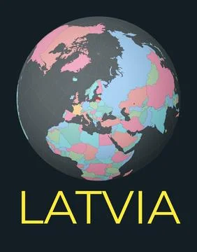 World map centered to Latvia. Red country highlighted. Satellite world view.. イラスト素材