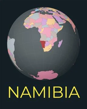World map centered to Namibia. Red country highlighted. Satellite world vie.. Illustrazione stock