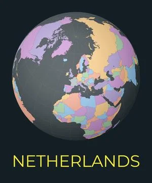 World map centered to Netherlands. Red country highlighted. Satellite world.. Stock Illustration