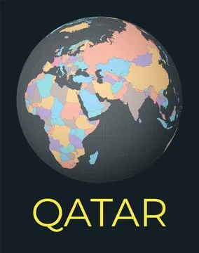 World map centered to Qatar. Red country highlighted. Satellite world view .. Illustrazione stock