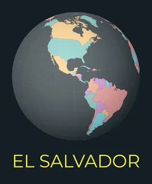 World map centered to Republic of El Salvador. Red country highlighted. Sat.. Stock Illustration