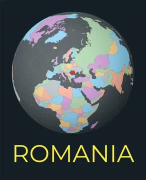 World map centered to Romania. Red country highlighted. Satellite world vie.. Stock Illustration