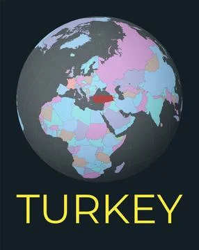 World map centered to Turkey. Red country highlighted. Satellite world view.. 스톡 일러스트