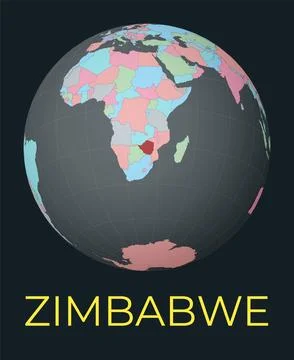 World map centered to Zimbabwe. Red country highlighted. Satellite world vi.. Stock Photos