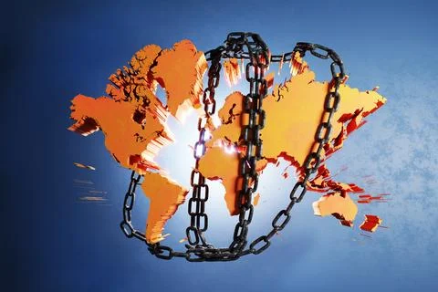 World map in chains symbolizing global restrictions and challenges Stock Photos