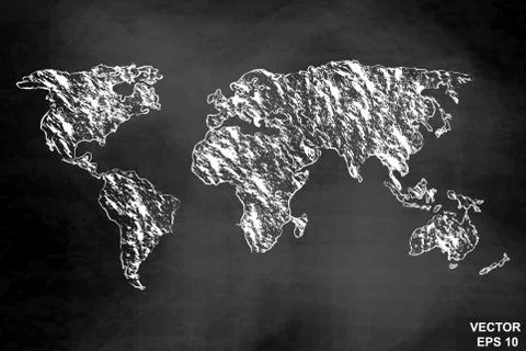 World map on a chalkboard. Drawing. Hatch. Dark. For your design. Illustrazione stock
