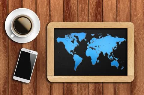 World map on chalkboard frame with cofee and phone Stock Photos