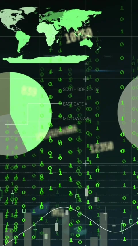 World map, charts and data processing on black background Stock Footage 343996310