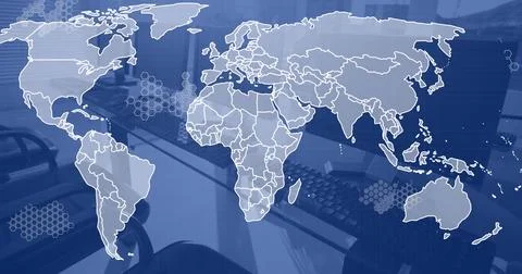 World map, charts and data processing over computers on desks in empty office Foto stock