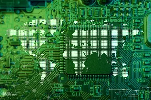 World Map on Chips for Global Microchip Industry Logistic Export Supply Tra.. Stock Photos