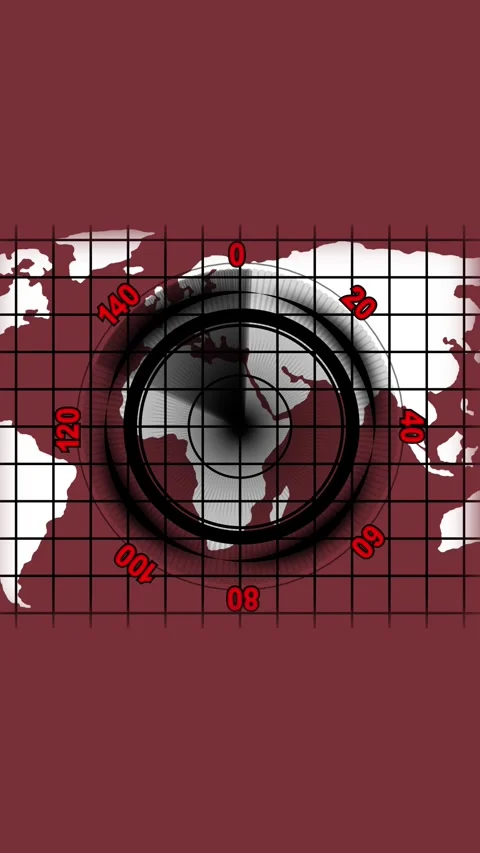 World map with a circular graphic overlay featuring a globe and radial line.. Stock Footage 344733184