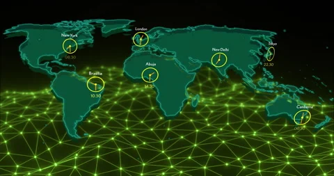 World map with city clocks and time zones animation over green network grid Stock Footage 304767962