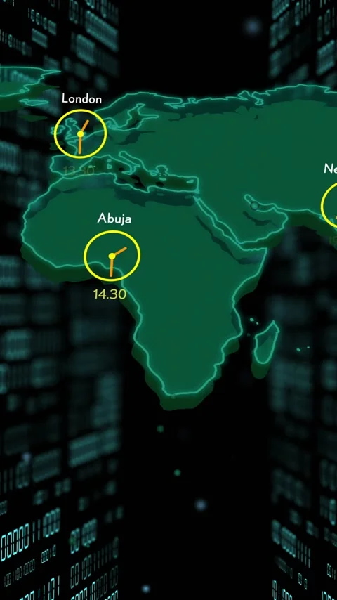 World map with city times animation over binary code background Stockbeeldmateriaal 342997267