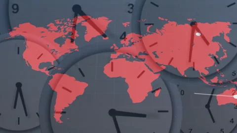 World map with clock faces showing different time zones in animation style Stock Footage 304088395