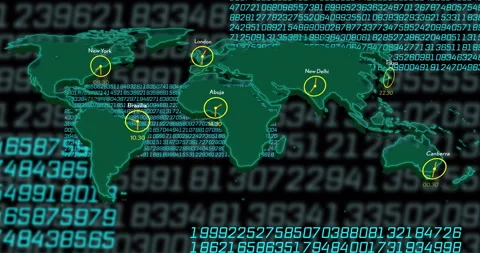 World map with clocks showing different time zones and binary code animation Video stock 304767692