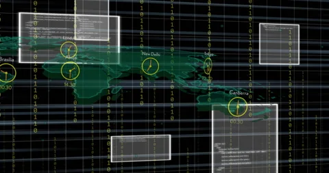 World map with clocks showing different time zones and binary code animation 動画素材 304767849