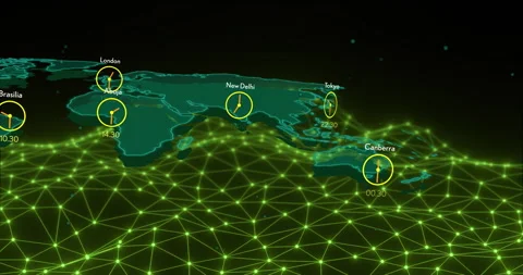 World map with clocks showing different time zones over green network animation Stock Footage 304767996
