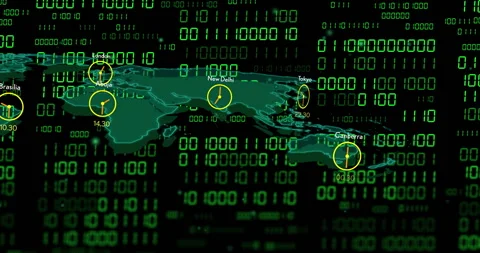 World map with clocks showing different time zones over binary code animation Stock Footage 306433176