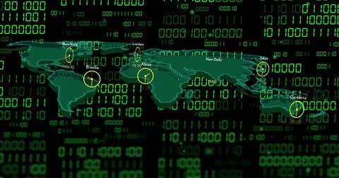 World map with clocks showing different time zones over binary code image Stock Photos