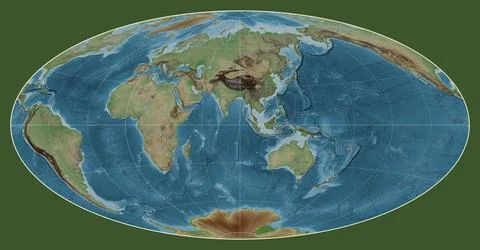 World map. Colored elevation. Aitoff projection. Meridian: 90 east Illustrazione stock