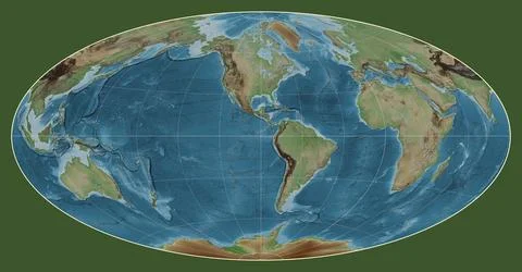 World map. Colored elevation. Aitoff projection. Meridian: -90 west Illustrazione stock