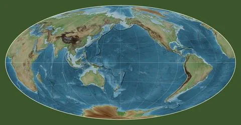 World map. Colored elevation. Aitoff projection. Meridian: 180 Stock Illustration