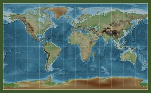World map. Colored elevation. Compact Miller projection. Meridian: 0 Stock Illustration