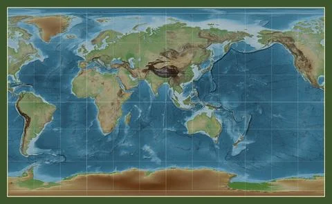 World map. Colored elevation. Compact Miller projection. Meridian: 90 east Stock Illustration