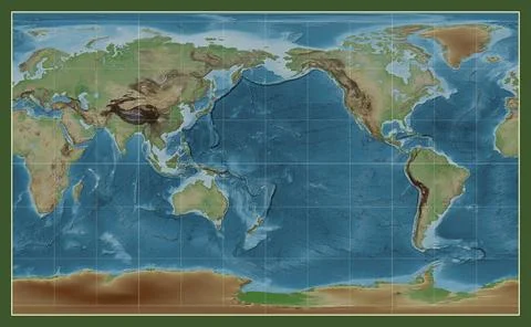 World map. Colored elevation. Compact Miller projection. Meridian: 180 Stock Illustration